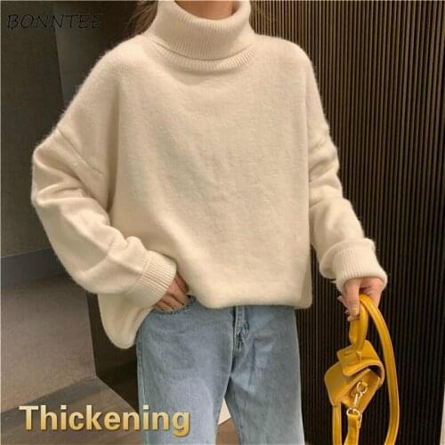 Sweaters Women Ulzzang Simple Elegant Pure Beige Trendy Thicker Winter Femme Knitwear Vintage All-match Schoolgirls Ins Pullover