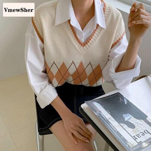 VmewSher New Spring Autumn Women Sweater Vest Argyle V Neck Female Sleeveless Knitted Pullover Basic Preppy Style Jumper Tops