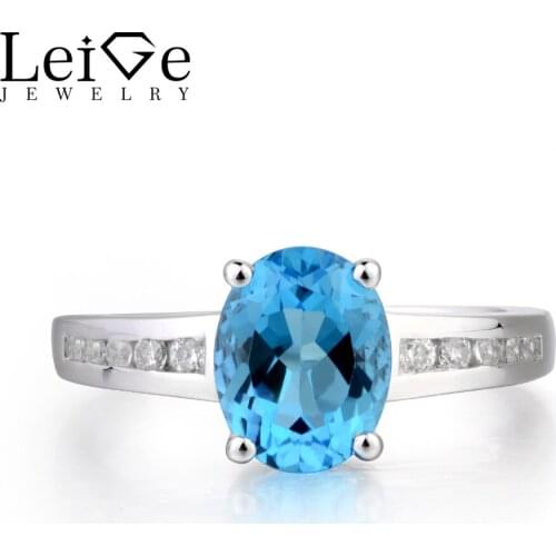 Leige Jewelry Swiss Blue Topaz Ring Topaz Wedding Ring November Birthstone Oval Cut Blue Gemstone 925 Sterling Silver Gifts