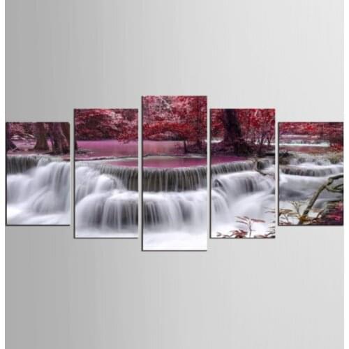 5 Panels Wall Art Canvas Landscape Paintings Red Maple Leaf Forest Wall Decora For Decor Waterfall Artwork Wall Picture