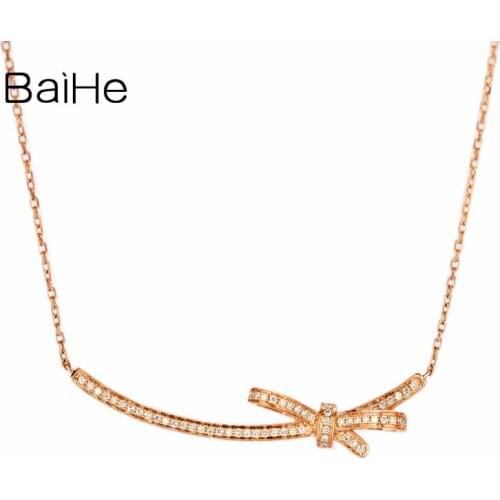 BAIHE Solid 18K Rose Gold 0.16ct H/SI Natural Diamonds Round Women Trendy Fine Jewelry Beautiful diamond bow Necklaces