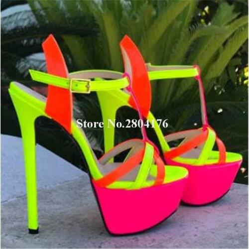 Women Sexy Neon Thin Straps Cross High Platform Stiletto Heel Sandals Red Pink Candy Color Mixed-colors High Heel Sandals