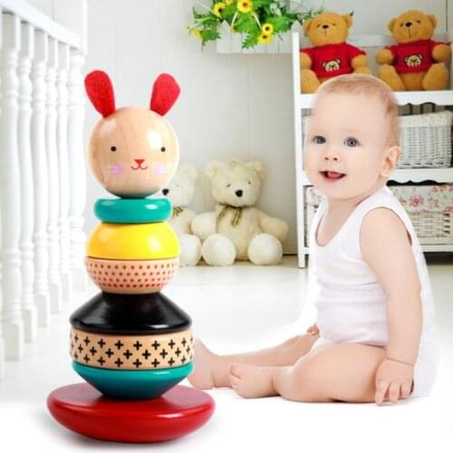 Baby Wooden Stacking Toys Cartoon Rainbow Tower Tumbler Rabbit Geometric Shape Block Learning Educational Toys For Kids
