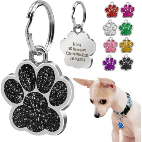 Dog ID Tag Personalized for Small Dogs Customized Rhinestone Pet Accessories Paw Foot Print Name Tag Plate Collar Decoration
