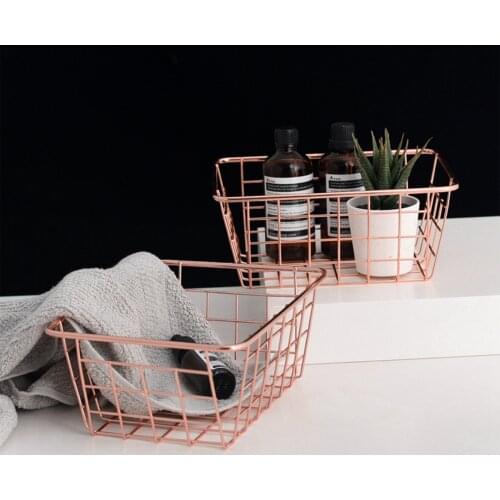 Storage Basket Rose Gold Wrought Iron Wire Simple Solid Color Lines Desktop Convenience Organizer Home Decoration