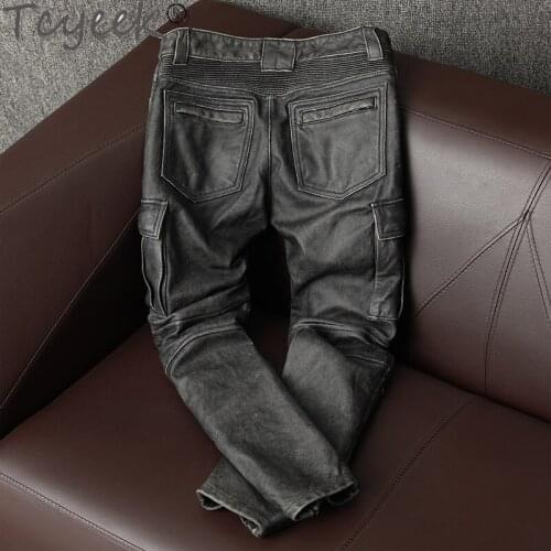 Leather Genuine Pants Men Real Cowhide Pants Vintage Motorcycle Trousers Plus Size 66xl Autumn Pantalon Cuir Homme LW