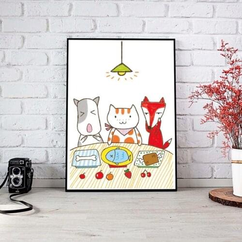 Cute Cartoon Kitten Dog Fox Having Dinner Together Dining Tables Childrens Room Modern Kitchen Decorative Canvas Painting
