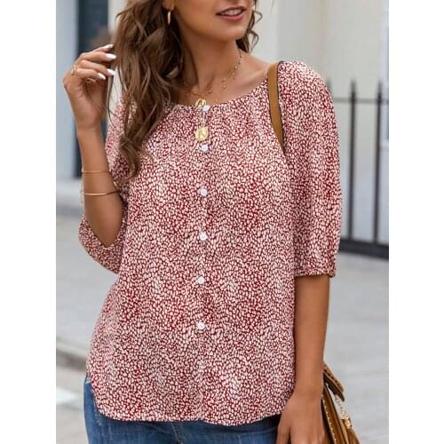 2020 Fashion Half-Sleeve O-Neck Shirt Red Floral Shirt Women Shirts Chiffon Blouse