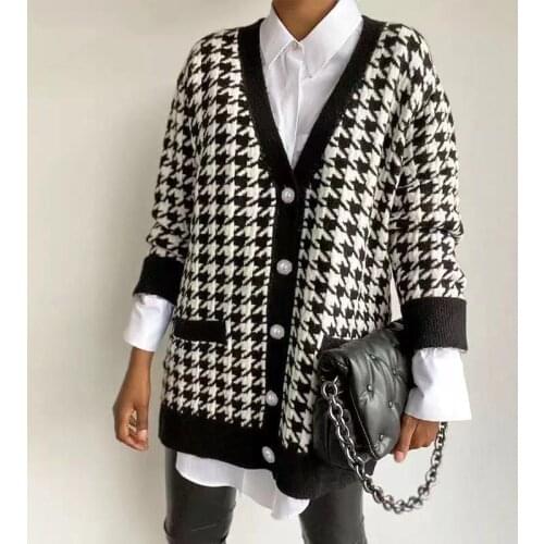 Fashion Knitted Cardigan Womens Autumn/winter 2021 New Sweater Loose V-neck Long-sleeved Houndstooth Lazy Wind Mid-length Coat