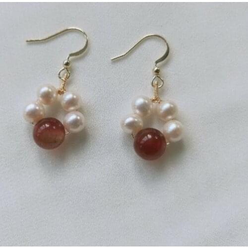 New Arrival Favorite Real Pearl Earring White Color Genuine Freshwater Pearls Red Agate Gold Color Silver Dangle Earrings