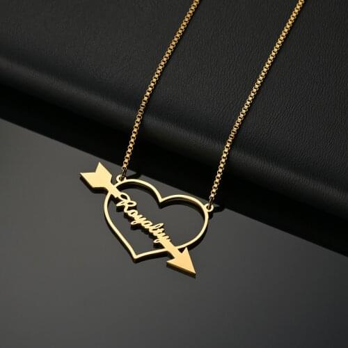 Customized Personalized Stainless Steel Arrow Through Heart Name Plate Necklace Box For Women Girls Custom LOVE Necklace Gifts