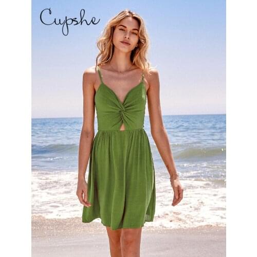 CUPSHE Solid Green Twist Cutout Mini Dress Woman Sexy V-neck Spaghetti Straps Dress 2021 Girls Summer Sundress Vestidos