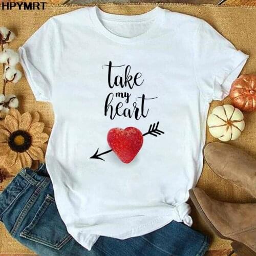 Womens T Shirt Tops Fashion Casual Tshirt Ladies Graphic Harajuku Female T-shirts White Take My Heart Print O-neck Tee Clothing
