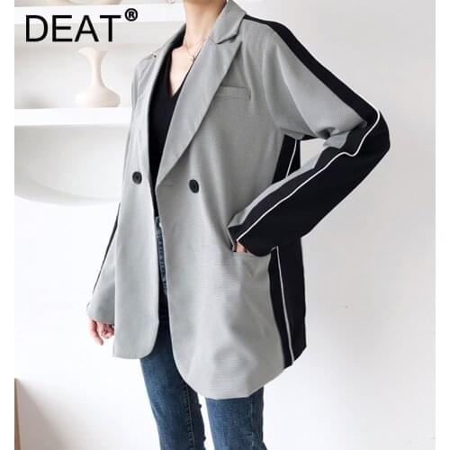 DEAT Woman Blazer Black Back Hit Color White Striped Long Sleeve Notched Casual Style Jacket 2021 New Autumn Korean 15XM390