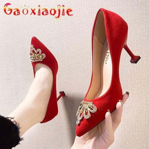 Gaoxiaojie 2021 New Red Wedding Shoes Fashion Easy Matching Suede Women Pumps 7CM Crown Diamond Pointed Toe Party High Heels
