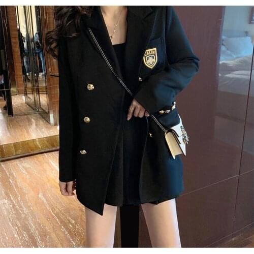 Women Jacket Blazers Loose Double Breasted Embroidery Black Female New Korean Preppy England Large Sizes Outerwear