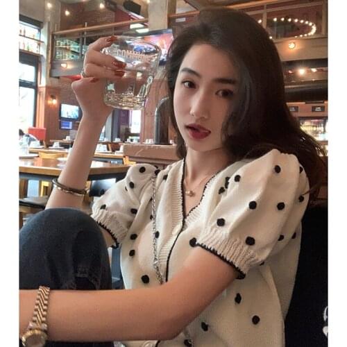 Spring/Summer 2021 Wavelet Point Short-sleeved V-neck Knitted Cardigan New Cropped Top Women