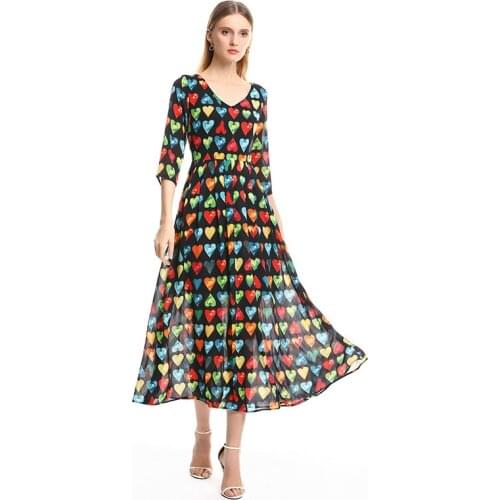 2020 Spring&Summer Long Dress New Arrival Fashion V-Neck Full Half Sleeve Heart Print Ankle-Length Dress Women vestido