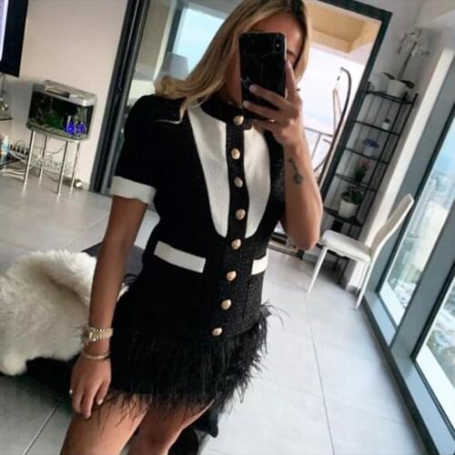 HIGH STREET Newest 2021 Designer Fashion Womens Short Sleeve Lion Buttons Feather Embellished Color Block Tweed Dress