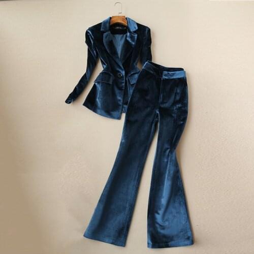 Winter womens suit pants set two-piece new slim gold velvet solid color ladies suit Casual high waist flared pants high quality