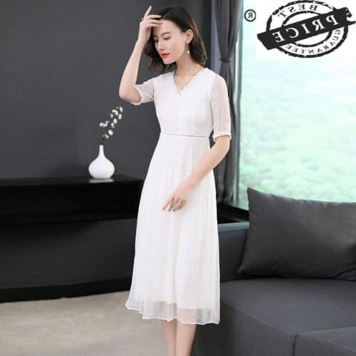 100% Real Summer Silk Dress Women Clothes 2021 Elegant Ladies Long V Neck Vestidos Korean Vintage White Party Dress 1a003