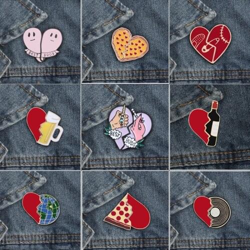 2pcs/set Heart Shap Enamel Pins Wine Bottle Globe Brooches Badge Pizza Cup Denim Shirt Lapel Pin Women Girl Fashion Jewelry Gift