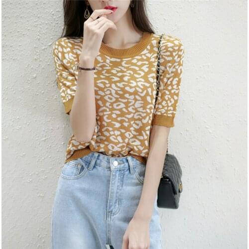 2021 Time-limited 20670 (3 Rooms, 6 Rows, 2 Middle) Real Shot Round Neck Leopard Print Short Sleeve Knitted T-shirt 29