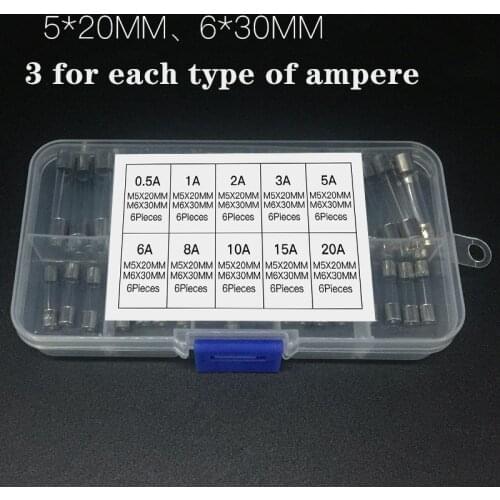60pcs 5*20mm 6*30mm Quick Blow Glass Tube Fuse Assorted Kit Fast Blow Glass Fuses 250V (0.5A 1A 2A 3A 5A 6A 8A 10A 15A 20A)