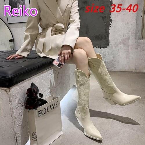 2021 white boots, long boots, womens knight boots, retro large-tube single boots, high-tube western pointed toe cowboy boots