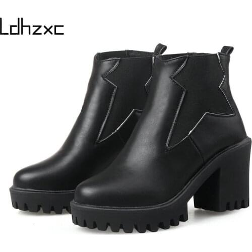 LDHZXC Pu Leather Booties Women High Heels Autumn Platform Ankle Boots Zippers Black Punk High Quality Big Size33-43