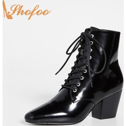 Black Patent Leather High Chunky Heels Round Toe Lace Up Boots Woman Zipper Booties Large Size 13 15 Ladies Fashion Shoes Shofoo