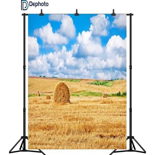 DePhoto Rural Farm Field Wheat Hay Bales Clouds Blue Sky Photography Backgrounds For Photo Studio Vinyl Custom Backdrops Props