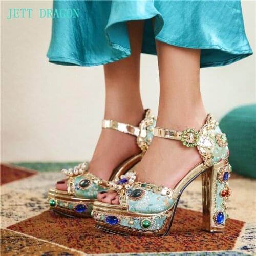JETT DRAGON Rhinestone Luxury Platform Sandals 13cm Gold Metallic Womens Sandals Party Narrow Bands Wedding Womens Sandals 41