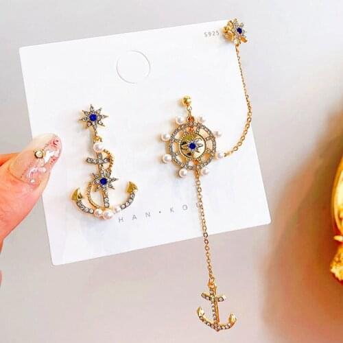 European and American Retro Personality Anchor Design Drop Earrings Ear Clip Integrated Earrings Asymmetry Rudder Tassel Earring