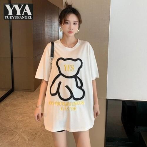 Streetwear Summer White T Shirt Women Embroidery Loose Fit Casual Tees Tops Female O Neck Short Sleeve Cartoon Graphic T Shirts