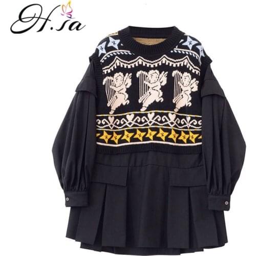 H.SA 2020 Spring Clothes for Women Korean style Sweater and Pullovers Fake 2 pieces Patchwork Knitwear Oversized Tops Pull Femme