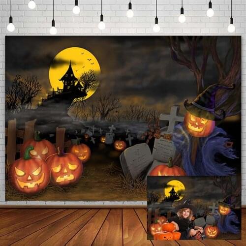 Halloween Backdrop Pumpkin Lantern Ghost Castle Night Tombstone Grave Bat Photography Background Photocall Photozone Decor Props