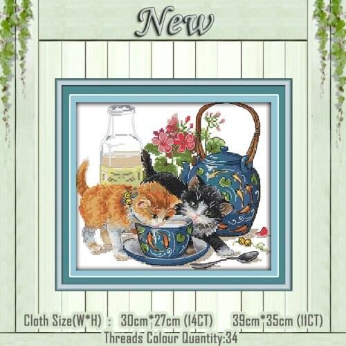 Curious cat cartoon tea coffee painting counted printed on the canvas DMC 11CT 14CT kits Cross Stitch embroidery needlework Sets