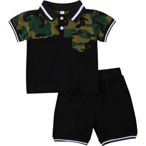 2021 Newborn Kids Suit Set, Boys Camouflage Print Turn-Down Collar Short Sleeve Shirt+ Shorts for Summer, Black, 2-6 Years