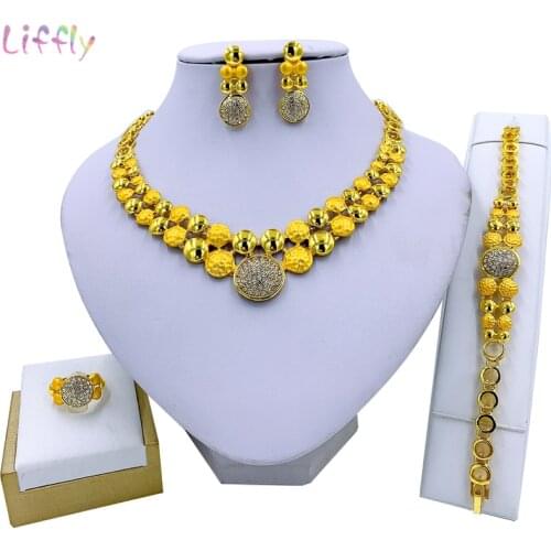 Liffly African Fashion Jewelry Sets Round Necklace Bracelet Party Earrings Ring Crystal Jewelry Girl Birthday Gift