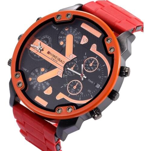 Brand Big Dial Men Watches Red Steel Strip Dual Time Display Orange Creative Quartz Military Sport Wristwatch Relogio Masculino