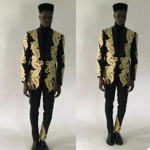 Celebrity Mens Tuxedos Gold Appliques Two Pieces Business Wedding Blazer Suits Formal Prom Party Wear(Jacket+Pants)