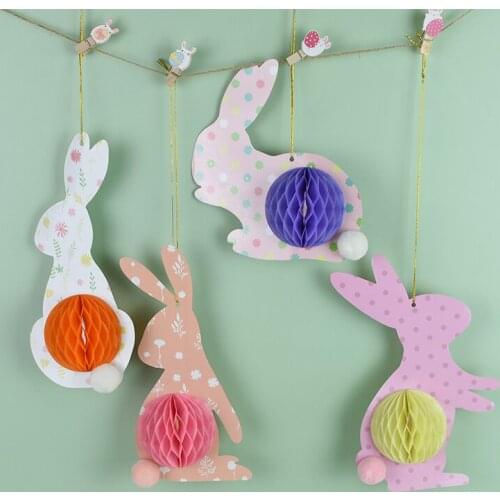 4pcs Easter Honeycomb Rabbit Set Paper Bunny Pompom Ball Hanging Easter Decoration Kids Birthday Party Baby Shower Home Decor 7z