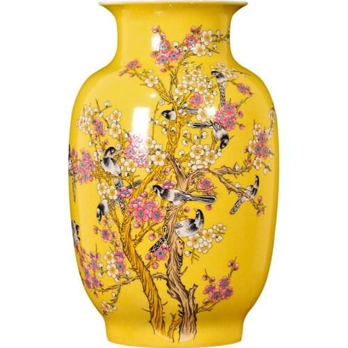 Jingdezhen porcelain antique new Chinese vase yellow glazed magpie on the plum tree pattern big vases