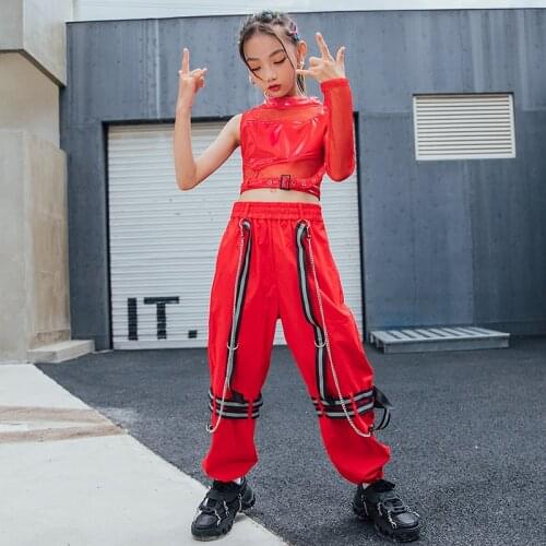 2021 New Modern Jazz Dance Costumes Red Tops Pants For Girls Cool Concert Stage Outfits Hip Hop Clothing Kids Street Wear BL6461