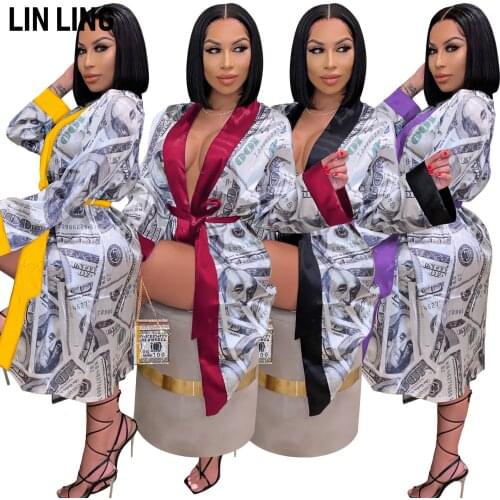 Casual Fashion Dollar Pattern Printing Waist Tied Windbreaker Medium Length Home Wear Loose Coat