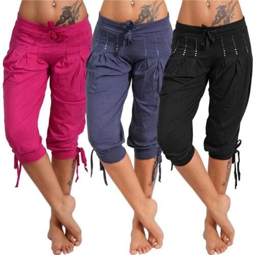 Plus Size Womens High Waist Casual Pants 2021 Summer Solid Color Sequined Pleated Drawstring Capri Calf-Length Shorts