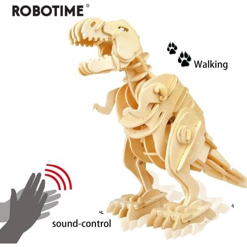 Robotime Creative DIY 3D Walking T-rex Wooden Puzzle Game Assembly Sound Control Dinosaur Toy Gift for Children Adult D210