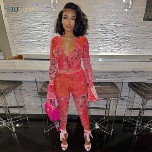 HAOYUAN Mesh Sheer Bandana Two Piece Set V Neck Bandage Crop Top Sweatpants Women Fall Outfits Sexy Club Outfits Matching Sets