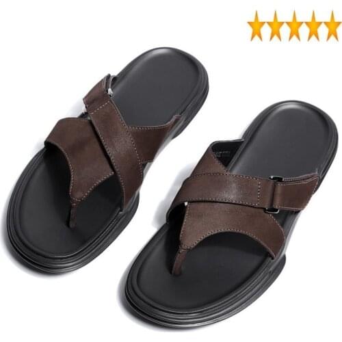 Summer Bathroom Antiskid Platform Men Flip Flops Cross Straps Genuine Leather Outside Indoor Male Casual Beach Slippers